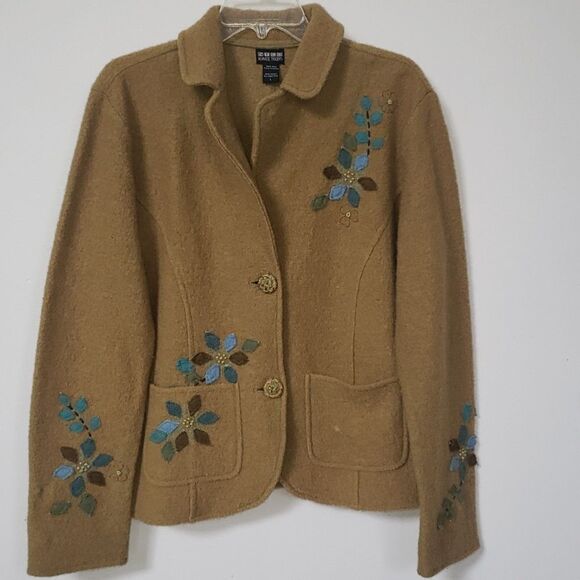 Vintage NTCO Nomadic Traders Jacket Womens sz Large Boiled Wool Applique Floral - Picture 1 of 9